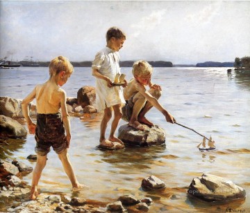 Paisajes Painting - Niños jugando en la playa.